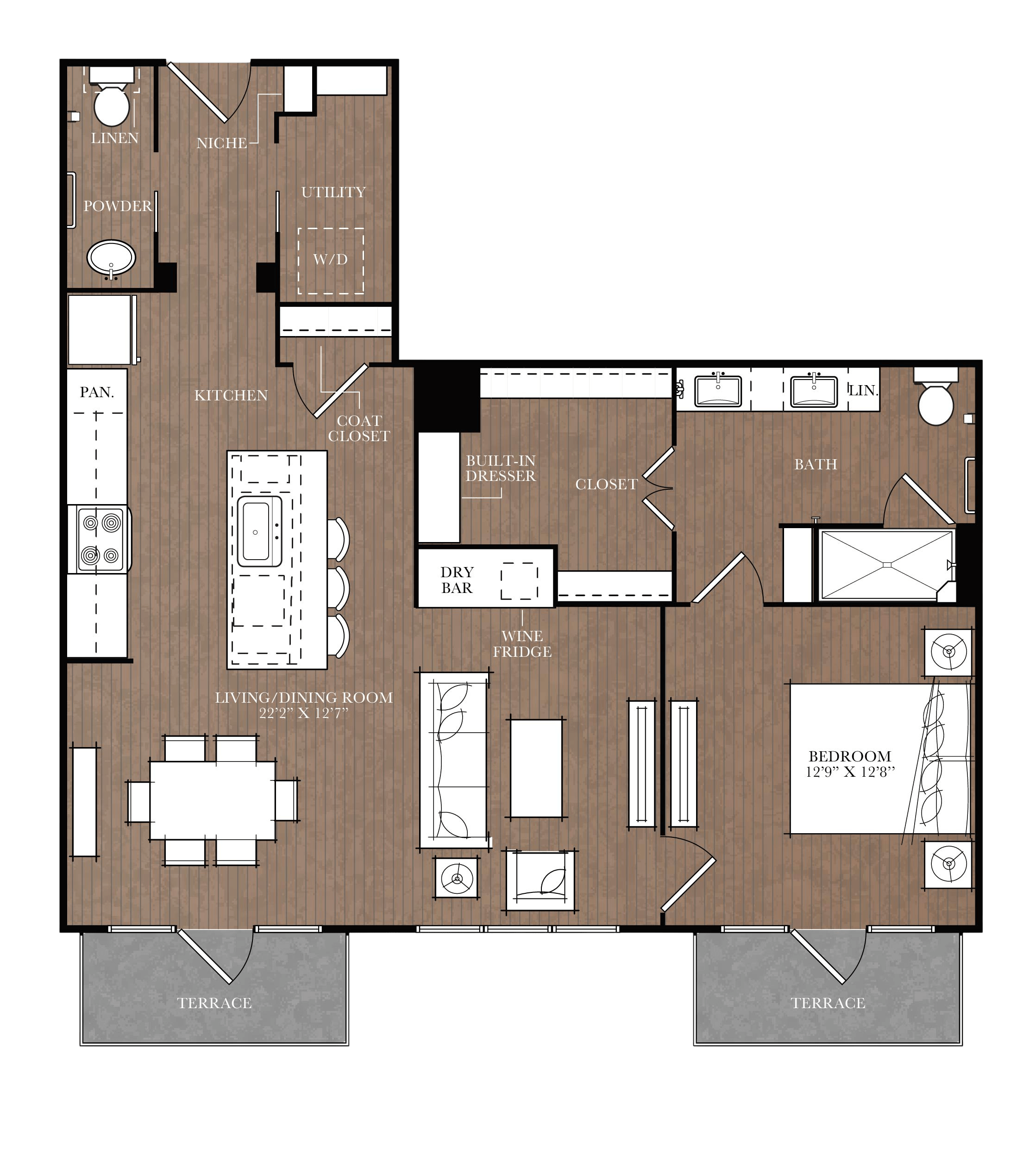Floor plan for 1 bed, 1.5 baths, 948 sqft
